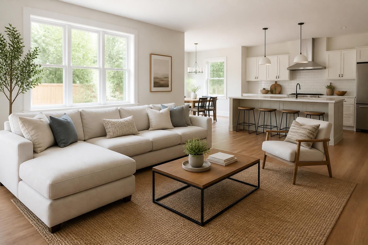 Freshly cleaned living room and kitchen with bright natural light.