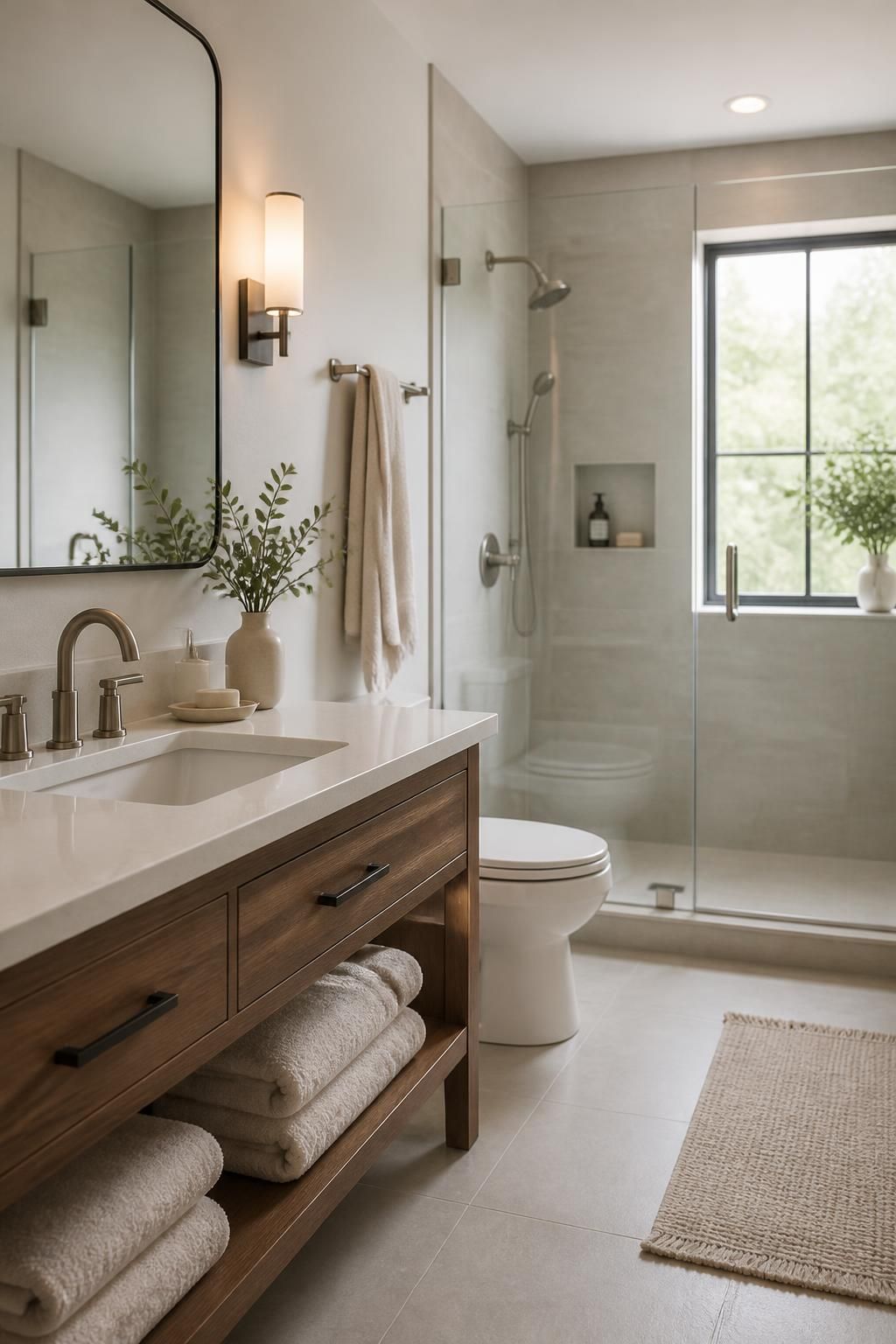 Spotless modern bathroom with polished fixtures and soft light.